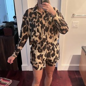 Ganni Beige and Black Animal Print Button-Down Romper